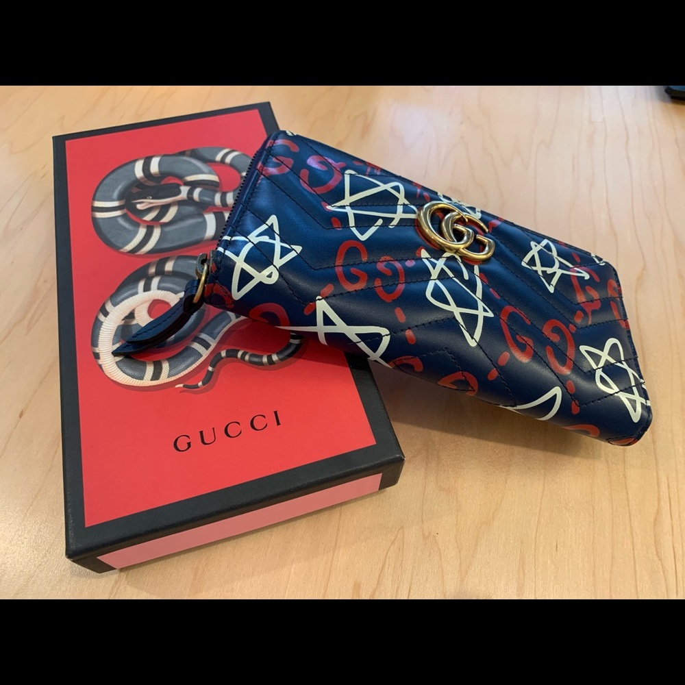 Gucci GG Marmont Blue Leather Matelasse Zip Around Gucci Ghost Long Wallet